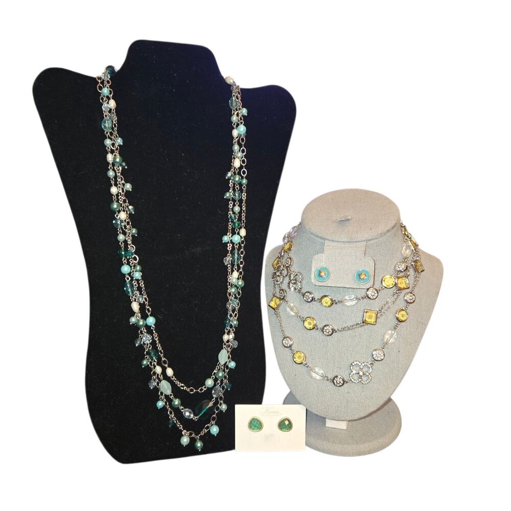 Lia Sophia Signed 4 Piece Lot Of 2 Silver Tone Necklaces & 2 Gold Tone Earrings